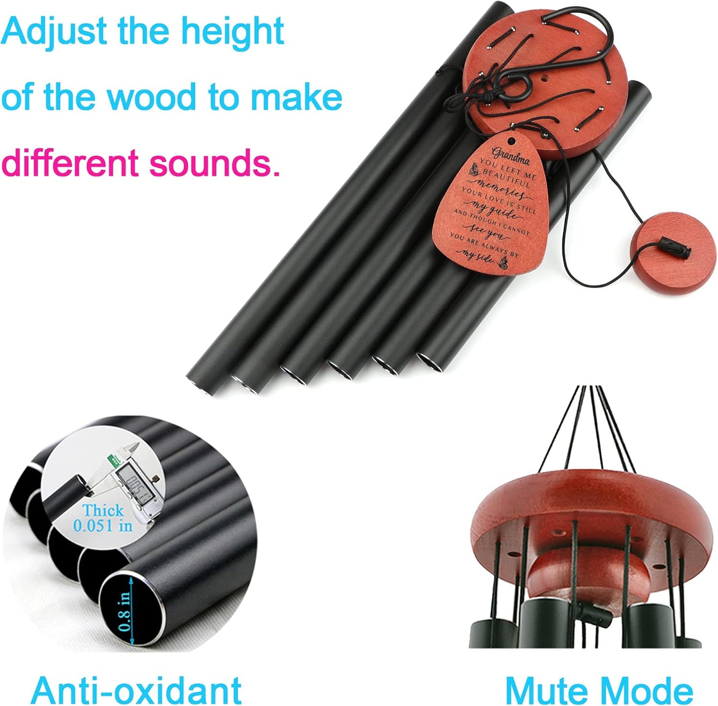 Memgift Memorial Wind Chime for Loss of Grandma - Solid Beech Wood Sympathy Gift - Outdoor Bereavement Wind Chime for Garden, Patio - in Remembrance of Grandmother 32 Inch