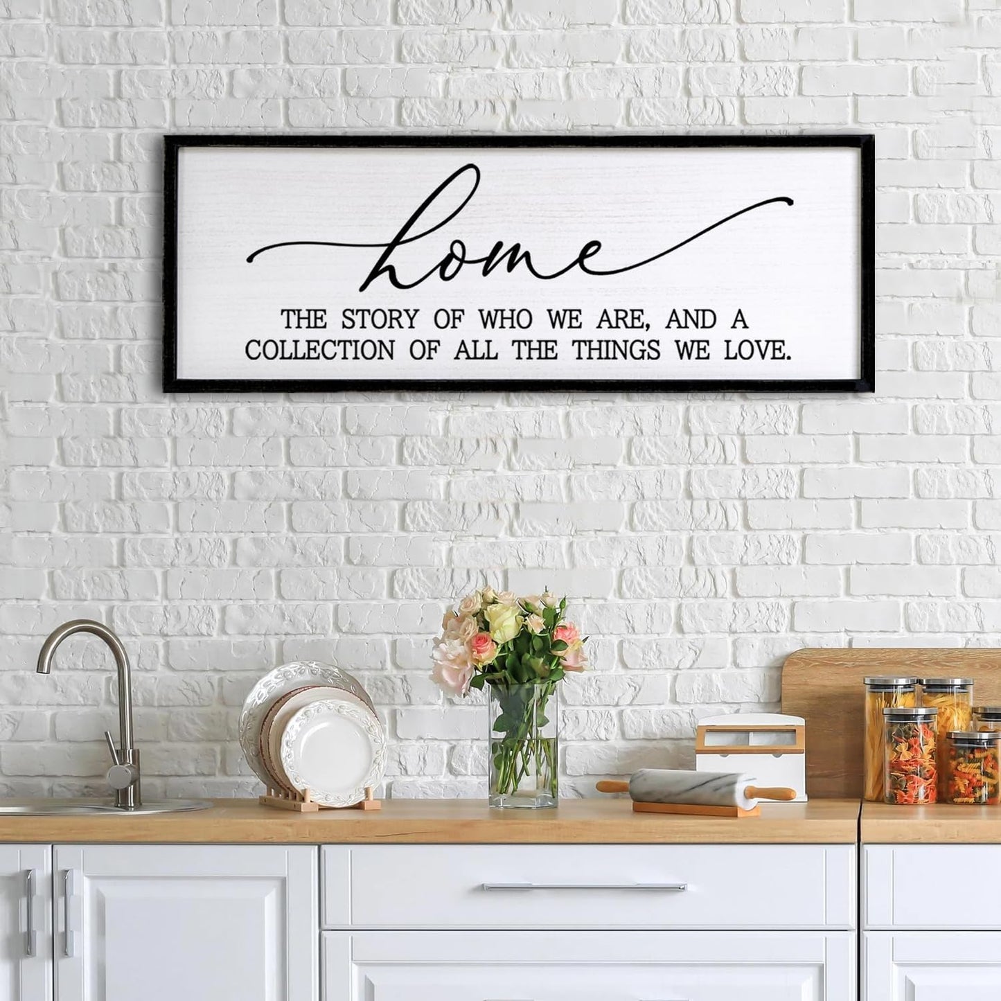 Home The Story of Who We Are Sign Farmhouse Family Wall Decor 32x12 Inch Plaque Wood Framed Art for Hanging (Black)