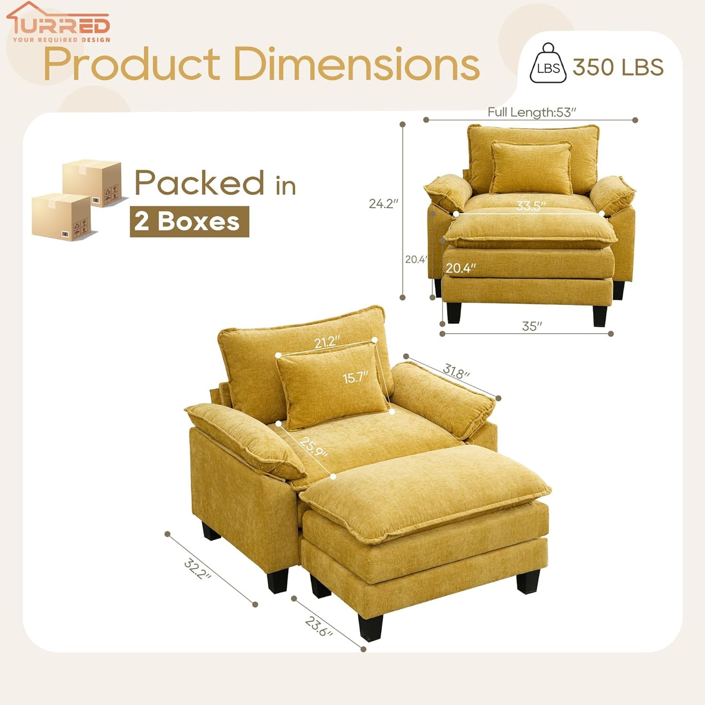 URRED Modular Sectional Sofa Comfy Cloud Couch, Modern Chenille Sofa Sleeper Deep Seat Couches with Ottoman/Pillows for Living Room (Yellow, 53''- Ottoman)
