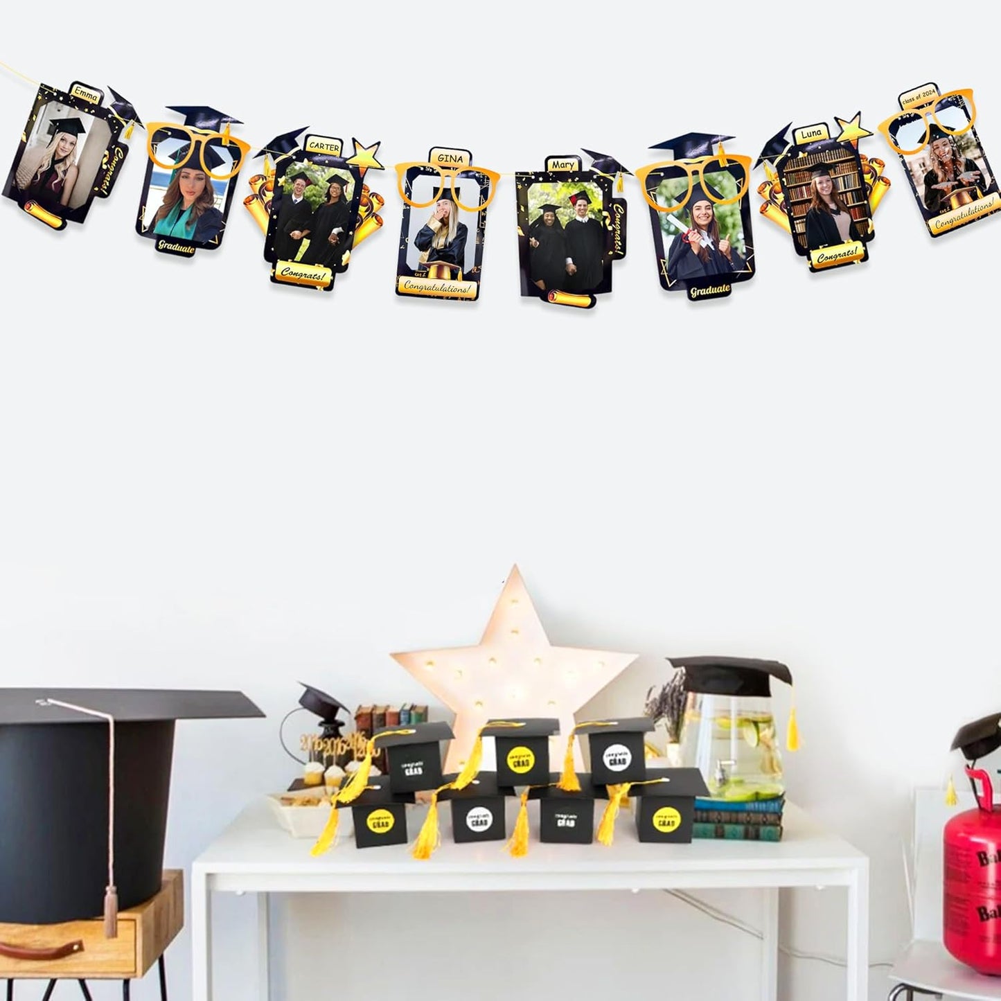 pinkblume Graduation Party Decorations Black and Gold Grad Photo Banner Congrats Grad Photograph Bunting Garland for 2025 Graduation Celebration Party Decorations Supplies