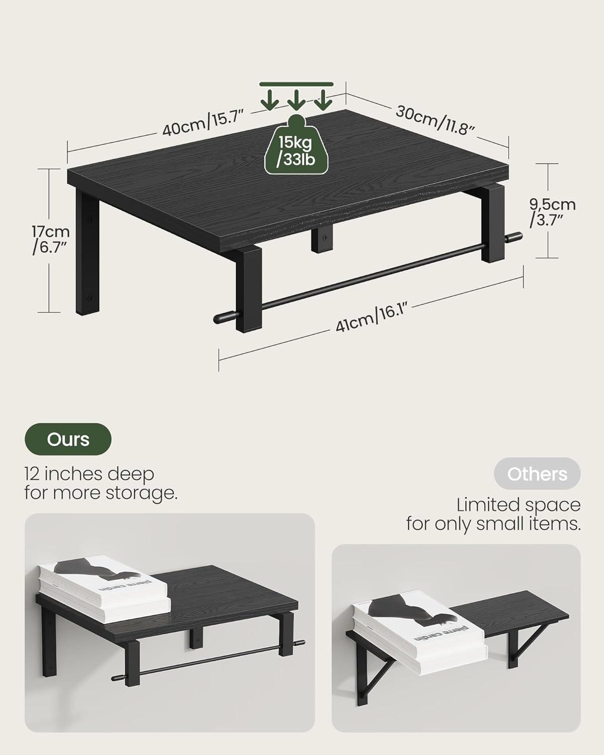 Deep Floating Shelves for Wall, 12 inch Wall Mounted Shelves Set of 2, Wide Floating Shelves for Living Room, Bedroom, Study, Bathroom, Black TBJ02P2BB