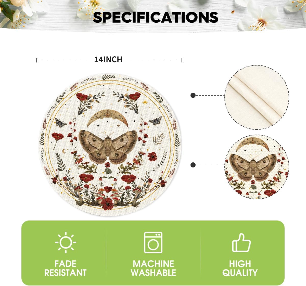 Artoid Mode Beige Poppy Moth Moon Round Placemats Set of 4, 14 Inch Floral Spring Round Table Mats for Party Kitchen Dining Decoration