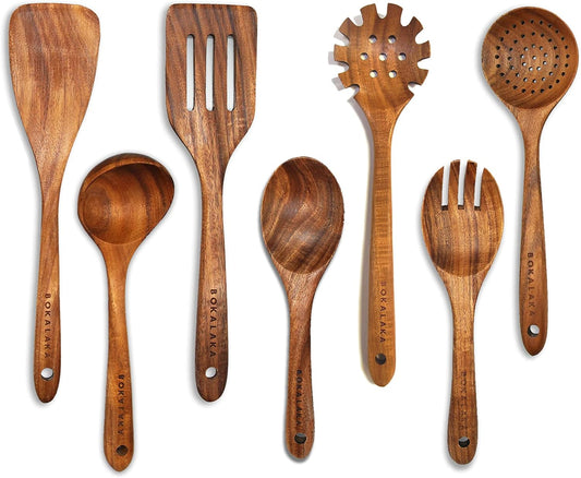 Teak Wooden Kitchen Utensil Set - 7Pcs Wooden Cooking Utensils Including Spatula