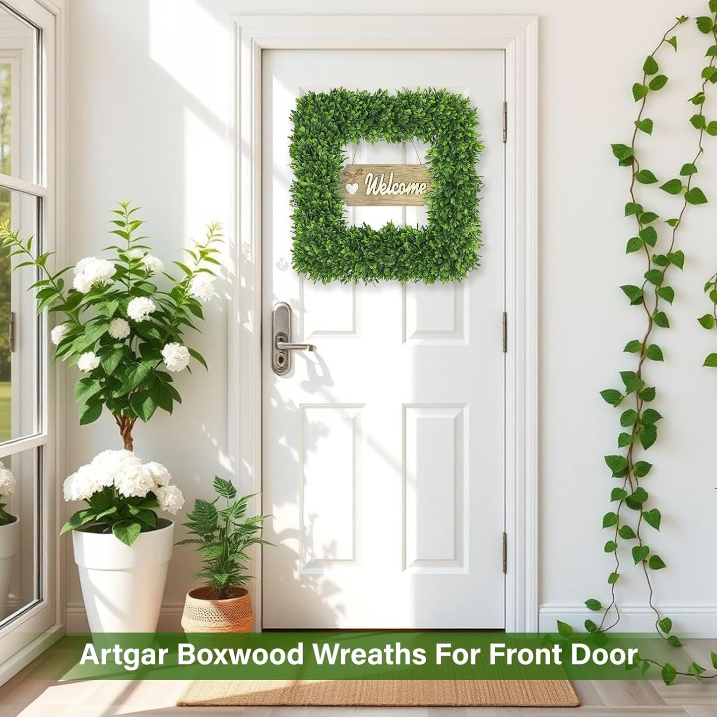 Artgar 20Inch Boxwood Wreath, Spring Wreaths for Front Door, Realistic Green Square Boxwood Wreath for Year-Round Decor, Artificial Summer Wreaths for Wedding Farmhouse Indoor/Outdoor Porch Decor