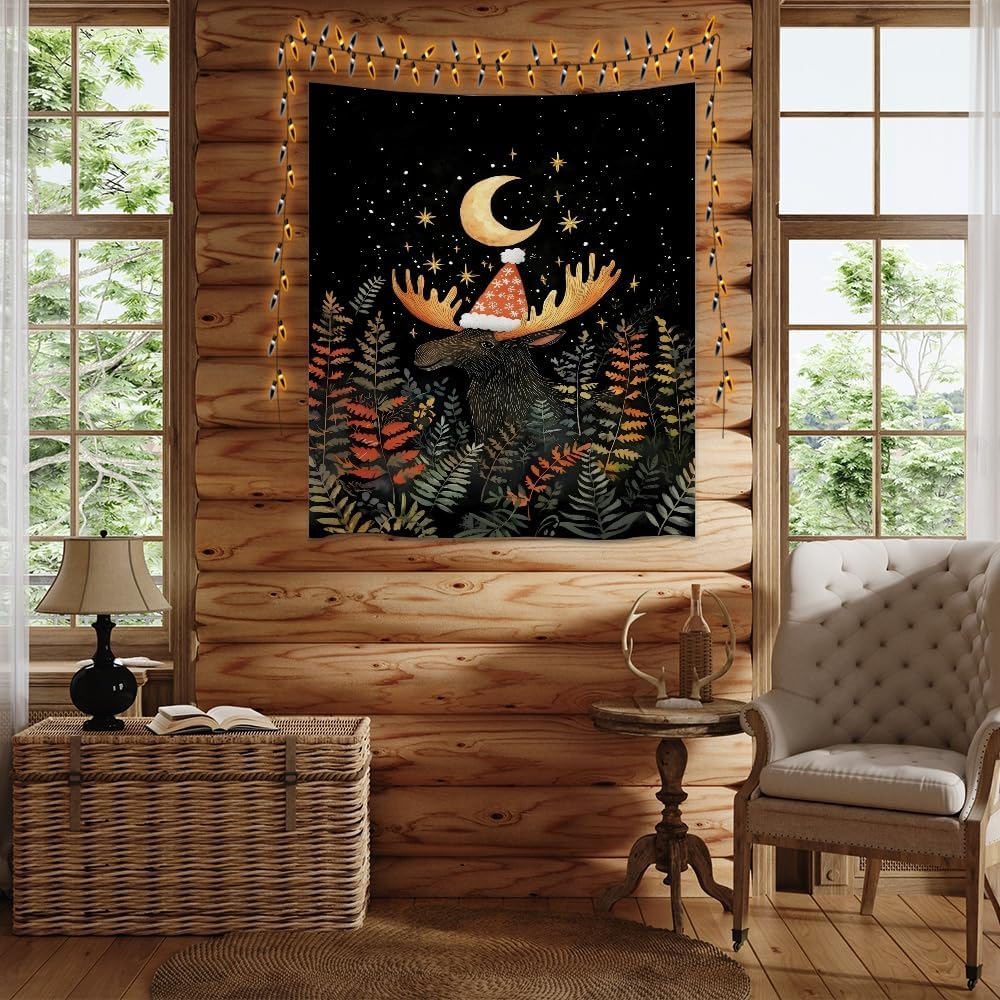 Cute Moose Tapestry Winter Christmas Aesthetic Wall Hanging Decor Funny Animal Lover Gift Whimsical Christmas Tapestries for Nursery Kids Bedroom Home Living Room Decoration 60x80inch
