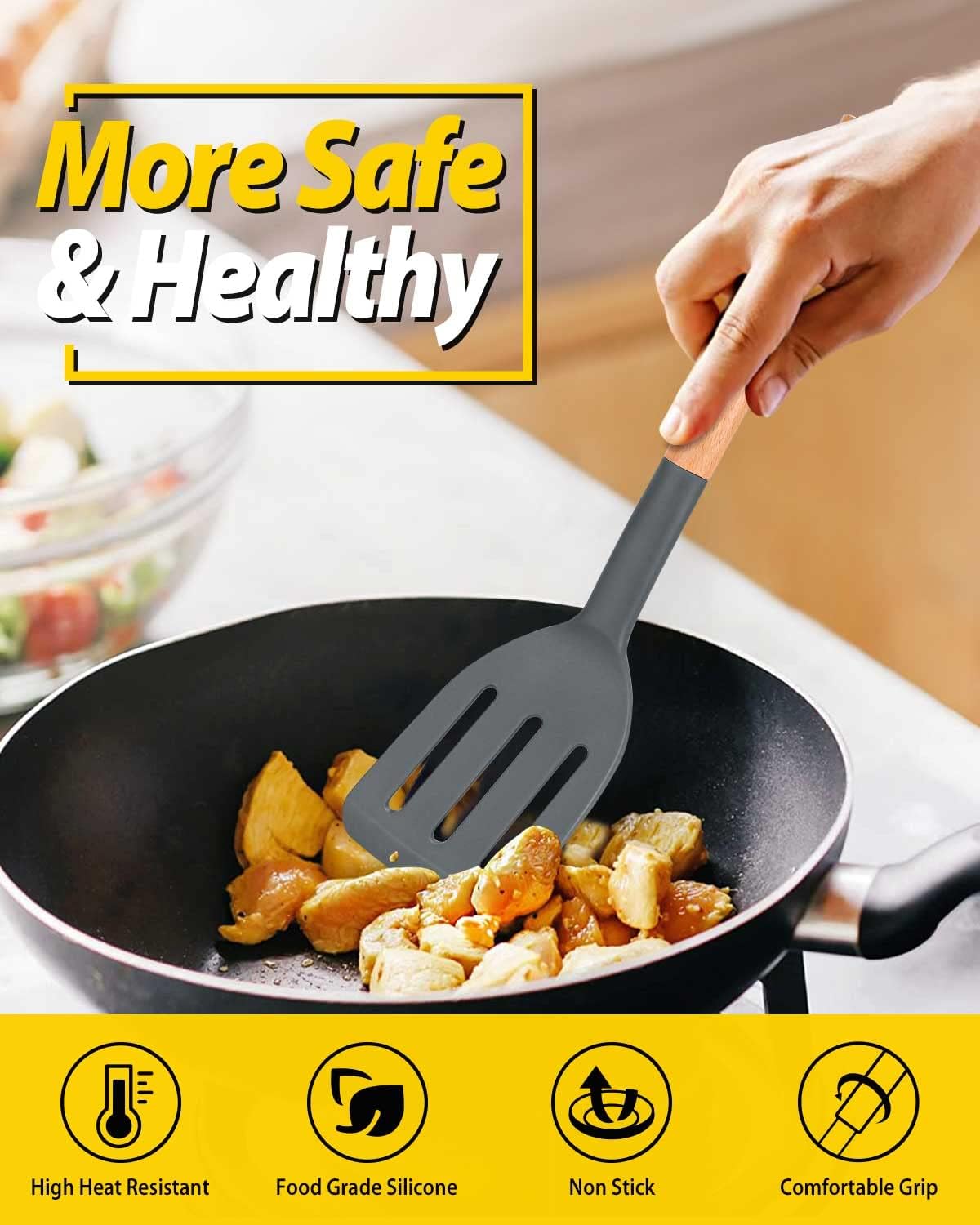 Pack of 2 Silicone Cooking Spatula, Heat Resistant Solid Turner, Non Stick Slotted Spatulas with Wooden Short Handle,Ideal Wood Kitchen Utensils Set for Frying, Baking, Flipping, Turning