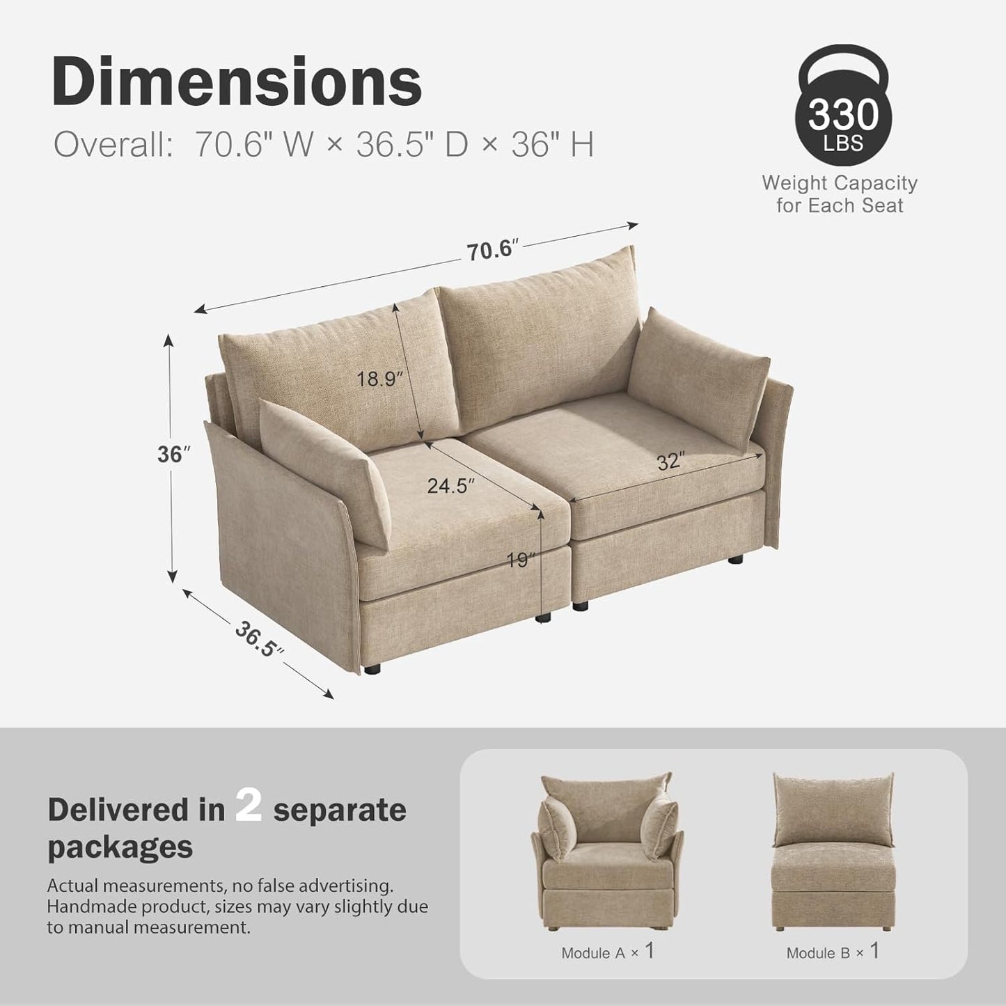 Oversized Loveseat Sofa, Modern Modular Sectional Couch Beige Fluffy Chenille Mid Century 2-Seat 24.5" Deep Seat for Apartment, Living Room, Bedroom