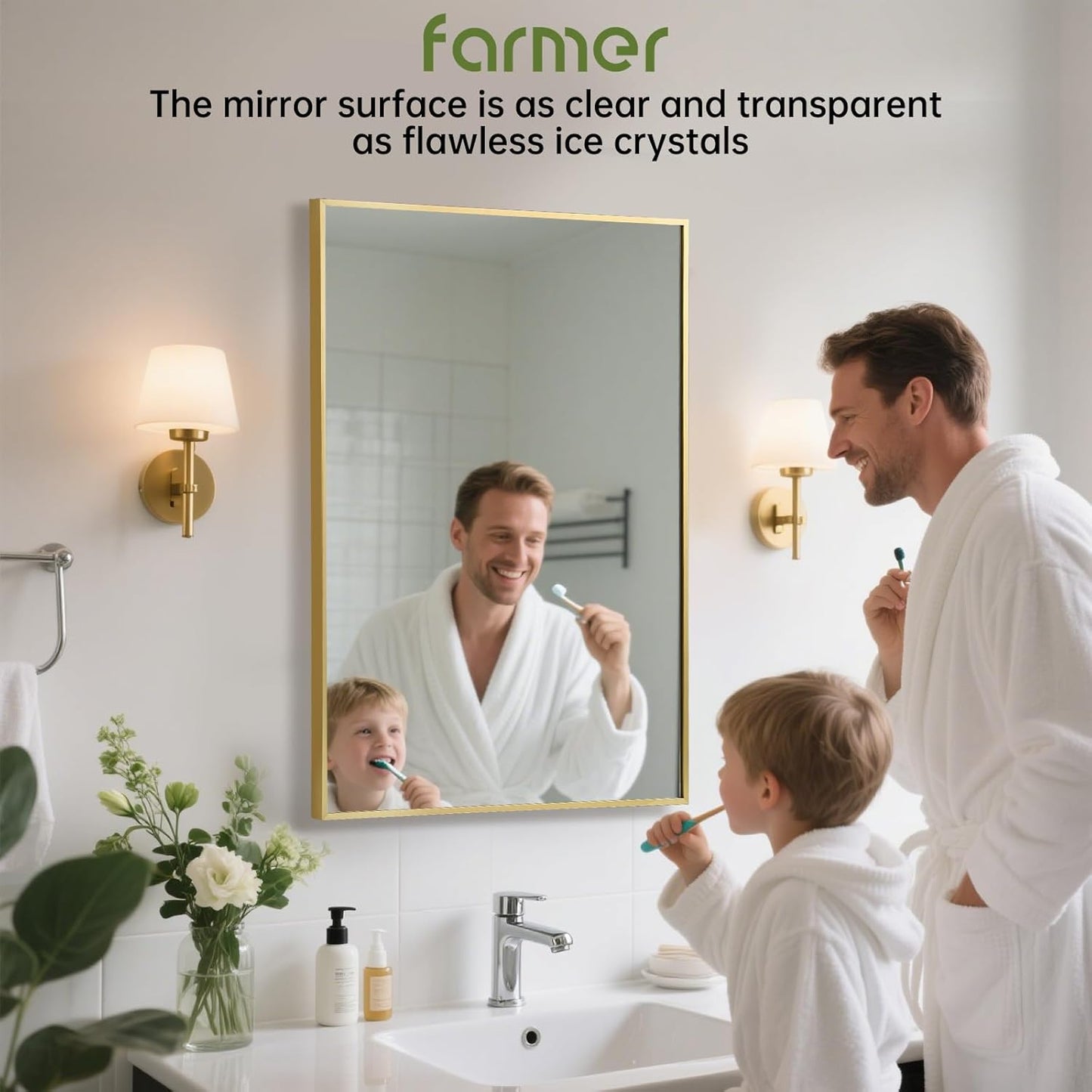 FARMER 30x36 Inch Gold Bathroom Mirror, Rectangle Wall Mounted Mirror, Vanity Mirror, Brushed Square Mirror, Framed Bathroom Mirror for Bedrooms, Entryways, Living Rooms, Horizontal/Vertical