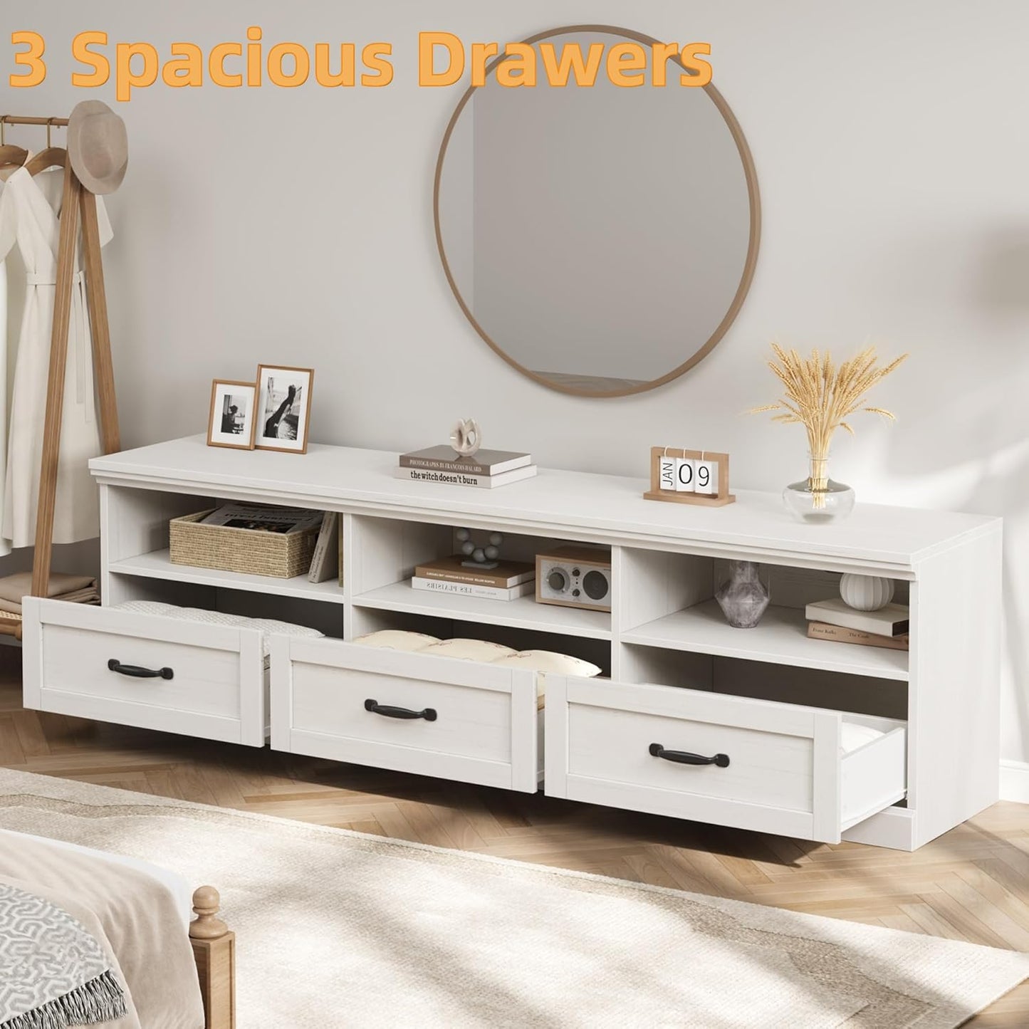 IDEALHOUSE 70in TV Stand for TVs up to 80", Mid Century Modern Entertainment Center with Storage Drawer and Open Shelves, TV Console Media Cabinet for Living Room, Bedroom, Antique White