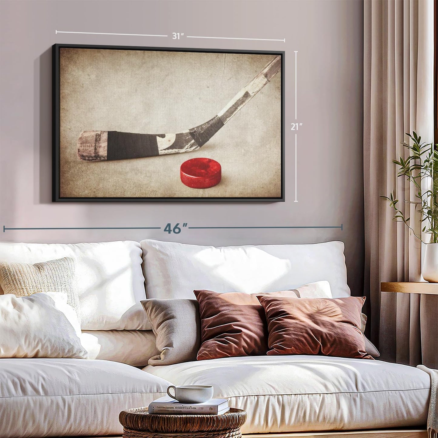 Elephant Stock Vintage Ice Hockey Wall Art - Horizontal Framed Canvas - 1-Piece Hallway Wall Decor - Photography Sports Canvas Print - Brown and Beige Decor for Wall - 31" X 21"