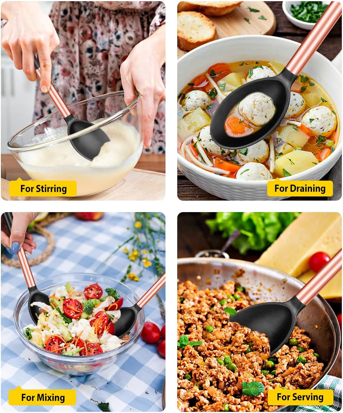 Pack of 2 Large Silicone Cooking Spoons,Non Stick Solid Basting Spoon,Heat-Resistant Kitchen Utensils for Mixing,Serving,Draining,Stirring (ROSE GOLD BLACK)