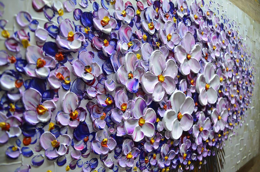 V-inspire Art, 24x48 Inch Modern Canvas Art Textured Purple Flower Oil Painting Contemporary Artwork Floral Hangings Stretched and Framed Ready to Hang Wall Decoration Abstract Painting