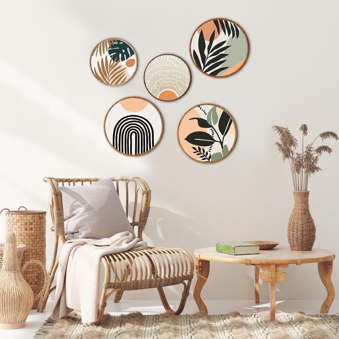 Qunclay 5 Pcs Wall Art Decor Wooden Living Room Wall Decor Bohemian Hanging Farmhouse Geometric 10'' and 8'' Aesthetic Wood Minimalist Posters for Bedroom(Boho, Leaf)