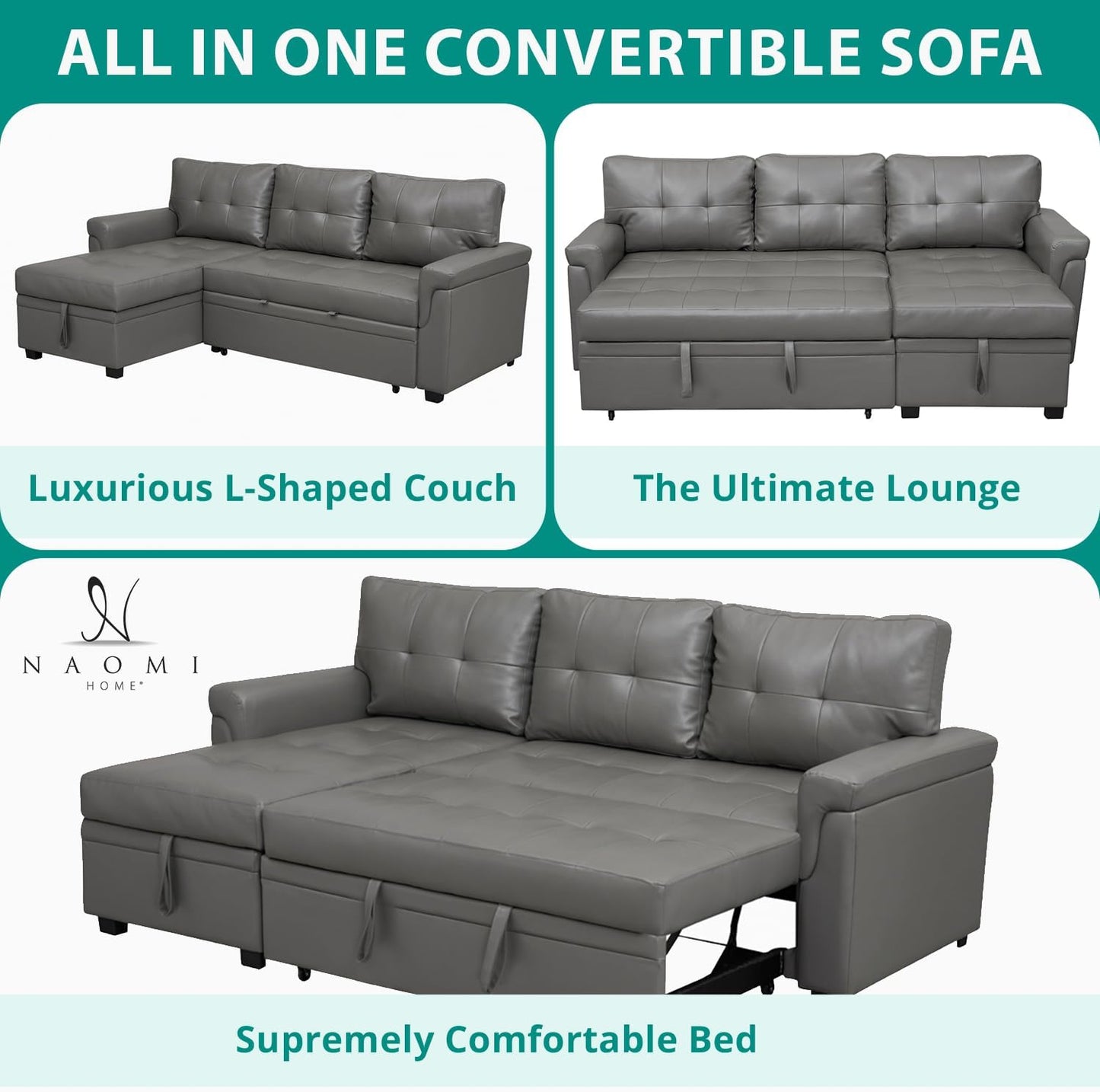 Naomi Home L-Shaped Reversible Sectional Sofa with Pull-Out Sleeper Bed and Storage Chaise, Gray Air Leather