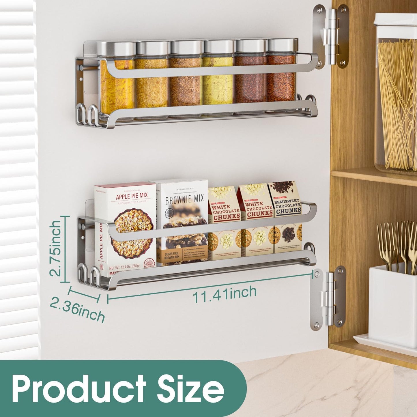 LUCYCAZ 2 Pack Wall Mounted Spice Rack with 16 Hooks, Spice Organizer Shelf for Stove Cabinet Pantry Door,Screw or Adhesive Spice Shelf Hanging Wall Spice Rack in Kitchen and RV (Silver, 2 PACK)