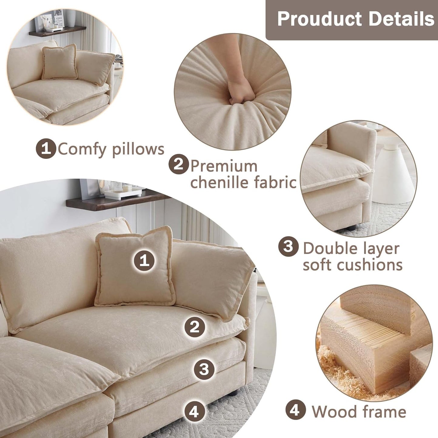 Sectional Sofa 4 Seater with Movable 2 Ottomans,Oversized Modular Couch Deep Seat (Light Coffee, 146.5 inch-U)