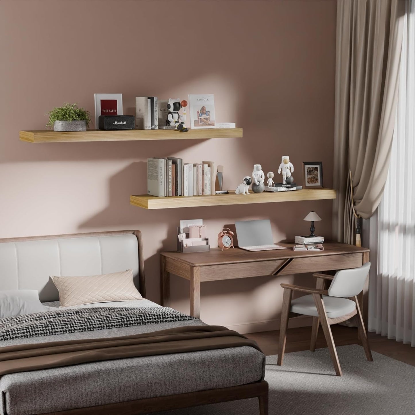 IAE Floating Wall Shelves 48 inch,Bathroom Shelves Wall Mounted,Invisible Shelves Floating Kitchen Shelves,Wooden Wall Shelves with Brackets for Living Room Wall Mounted,Easy Install,Set of 2,Natural