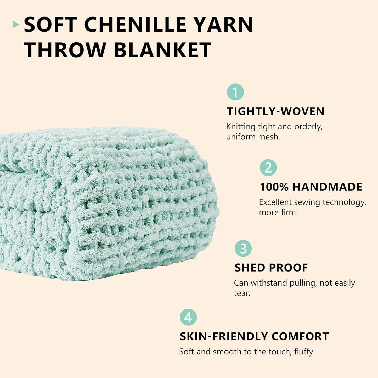 L'AGRATY Chunky Knit Blanket Throw: 60''x80'' Chenille Chunky Knitted Throw Blanket for Bed Couch - Handmade Thick Big Cable Knit Blanket - Large Crochet Rope Blanket for Home Decor(Mint Green)
