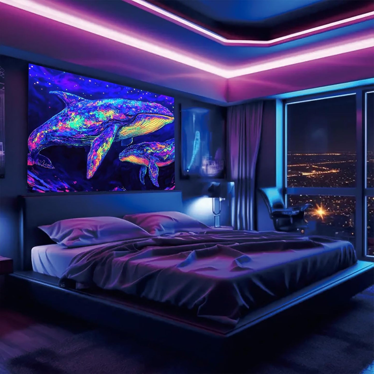 Starlit Patio Blacklight Whale Tapestry UV Reactive Glow in The Dark Neon Whale Wall Hanging Tapestry Trippy Ocean Art Poster for Bedroom Living Room Dorm Aesthetic Decor 78 x 59 Inches