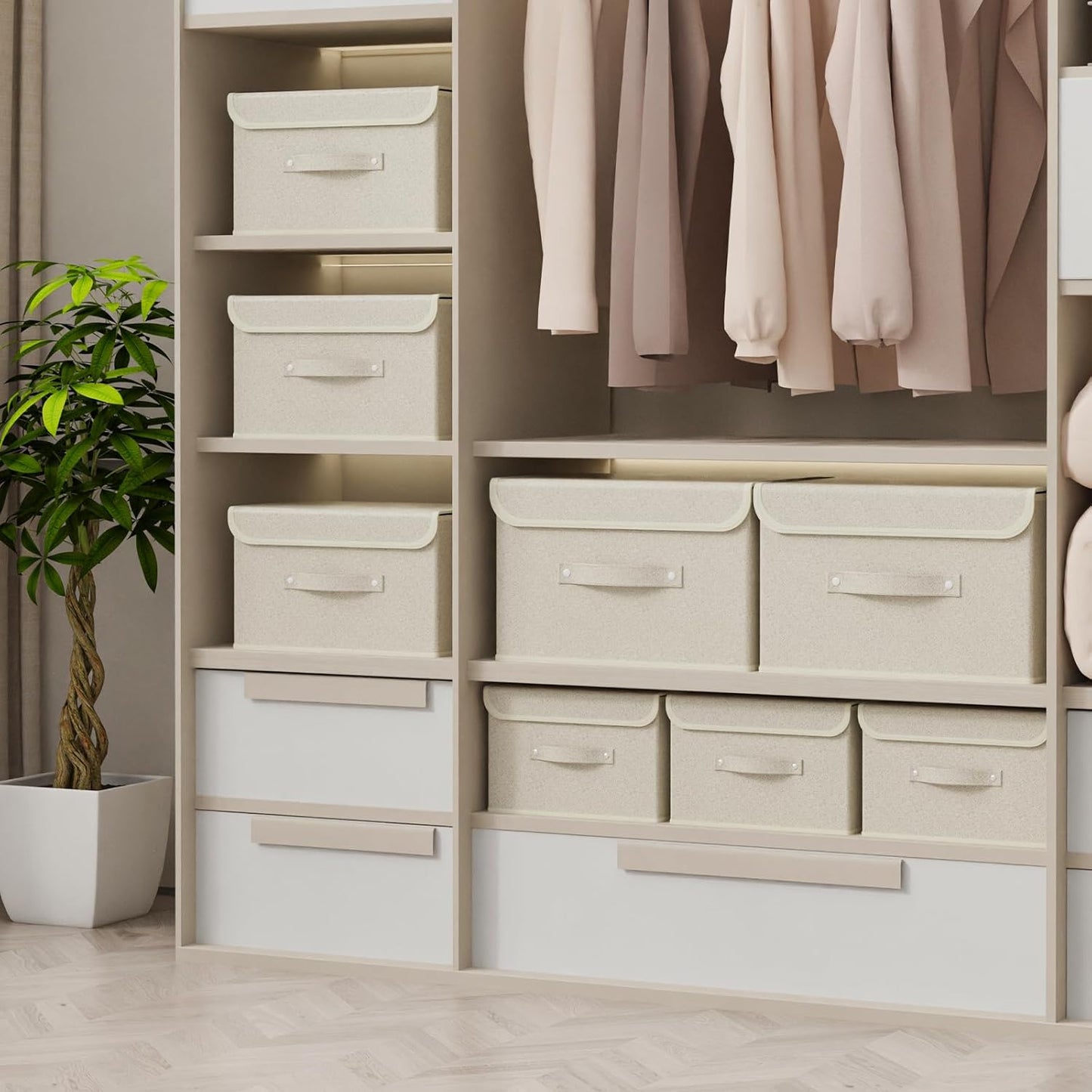 Storage Boxes, Collapsible Storage Bins with Lids, Cotton and linen cloth Storage Baskets with Handle, for Books, Closet, Bedroom, Home, 15x9.8x9.8 in, Grey and Beige