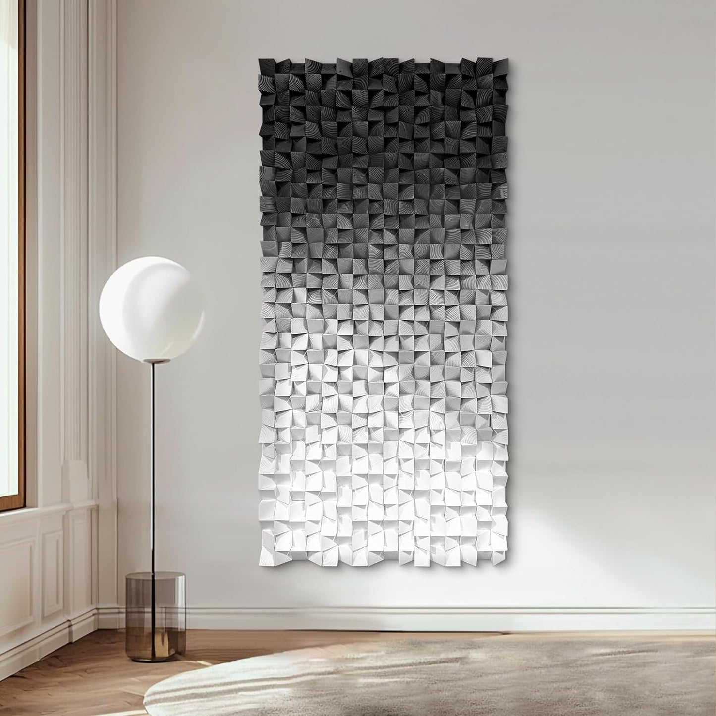 LIUZEYUE - Wooden Block Stereoscopic Painting Geometric Modeling Wall Decoration 3D Wooden Artwork Living Room Bedroom Background Wall Office Decoration Black and White Gradient 35.4"x70.8"