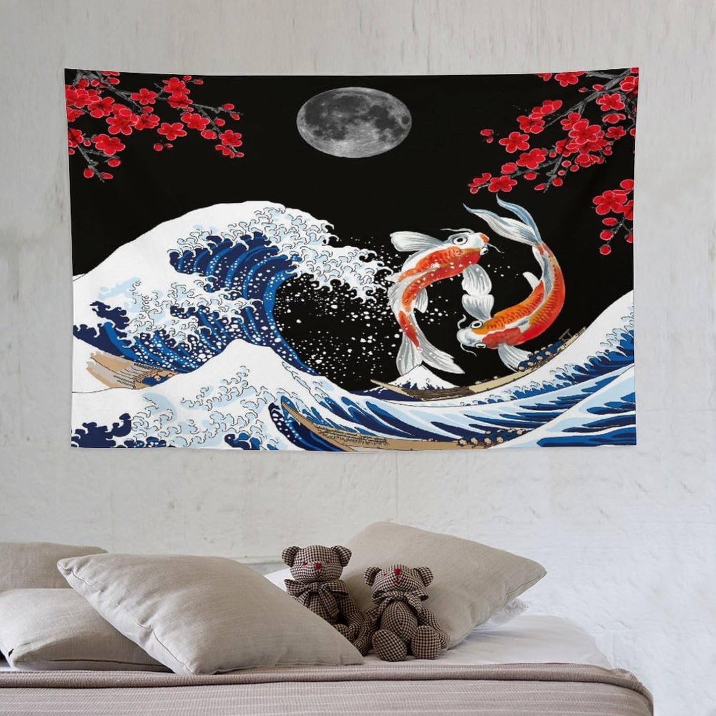 Houselerax Japanese Koi Fish Tapestry, Yin Yang Big Wave Red Cherry Blossom Tapestries Wall Hanging for Bedroom Living Room Office Decor 60"x40"