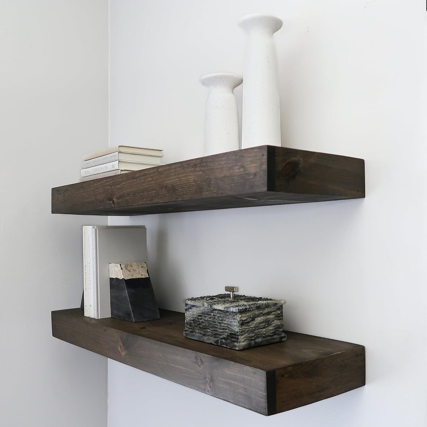 Modern Floating Shelves 3 Inches Thick for Wall, Wide Shelves for Kitchen, Living Room, Bedroom, and Bathroom, Natural Pine Wood, Rustic Wooden Shelf, (Set of 2) (Jacobean, 48Lx3Hx6D)