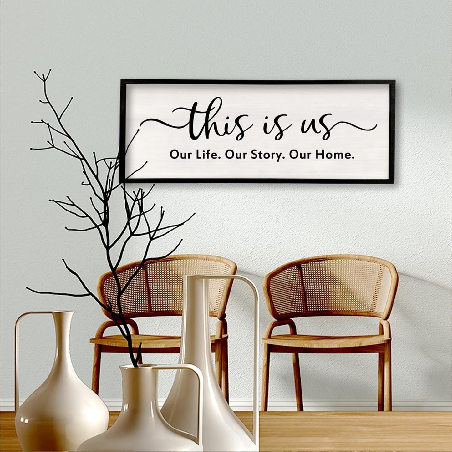 This is us Wall Decor Sign 32'' x 12'' Large Master Bedroom Home Life Story Wood Framed Vintage Family Sign Rustic Plaque Living Room Minimalist Farmhouse Hanging Wall Art (Black)