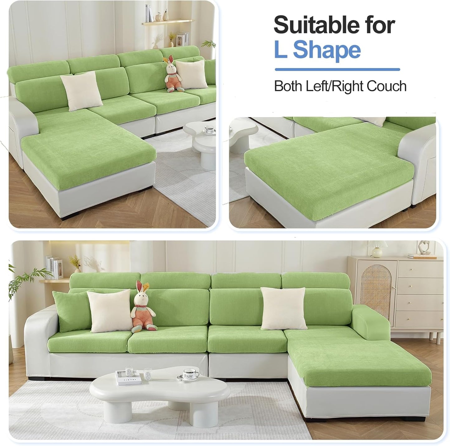 Chaise Cushion Cover for Sectional Sofa, Softer Chenille Sofa Cover for L Shaped Couch (Left or Right Facing), Stretch Chaise Couch Slipcover (Only 1 Piece, Green)