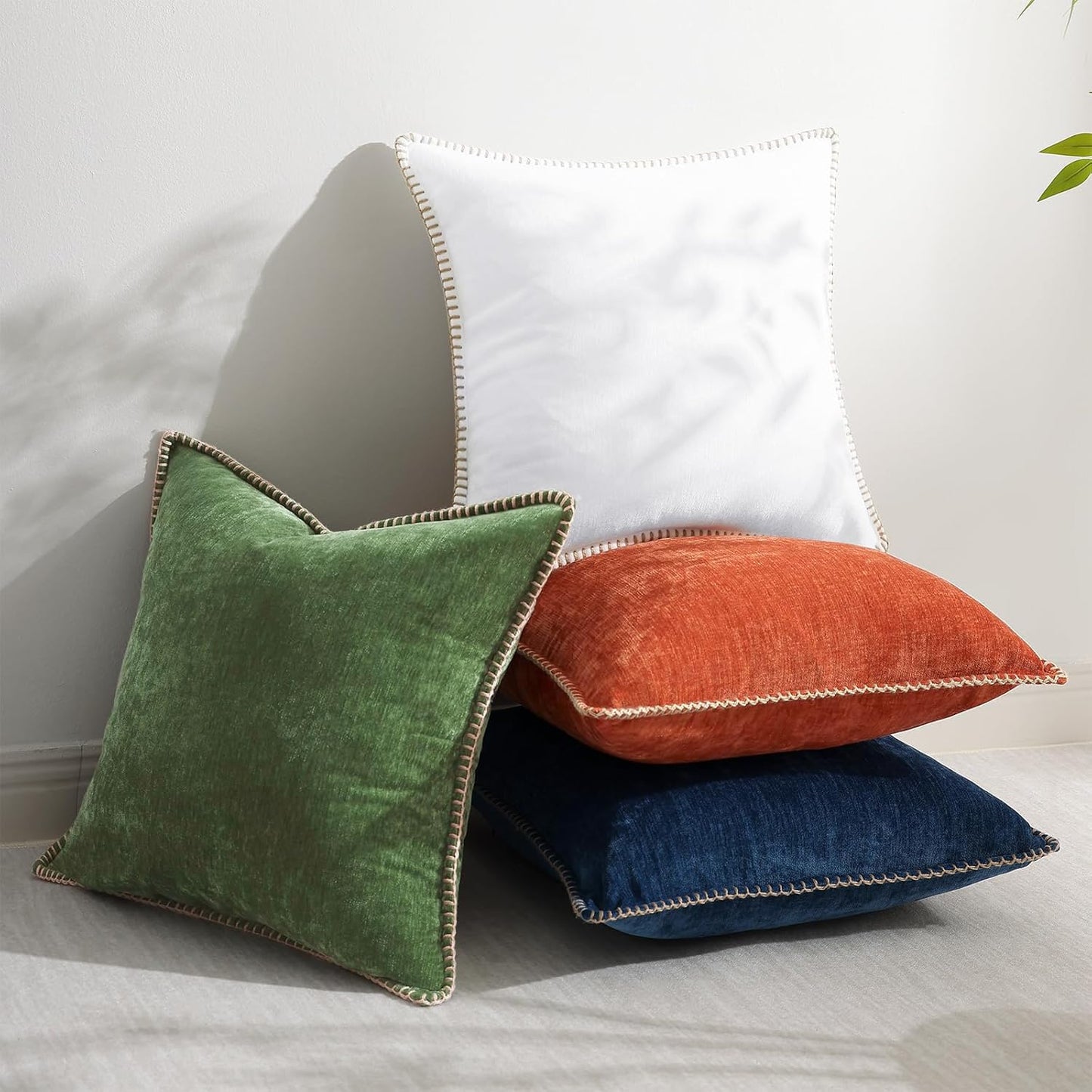 decorUhome Fall Chenille Soft Throw Pillow Covers 24x24 Set of 2, Farmhouse Velvet Neutral Decorative Euro Pillow Covers with Stitched Edge for Couch Sofa Bed Home Decor, Forest Elf