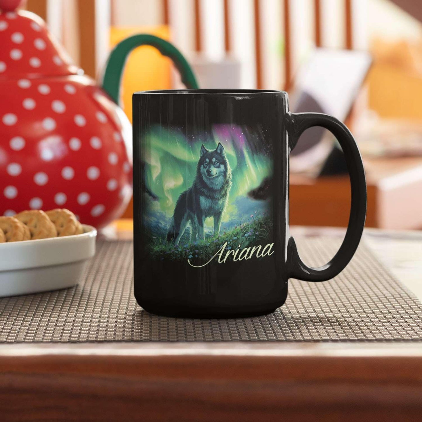 Personalized Husky With Northern Lights Coffee Mug, Custom Name Black Cup 11oz 15oz, Customized Cute Husky Dog Ceramic Mug, Gift For Animal Lovers, Beautiful Landscape Keepsake Cup