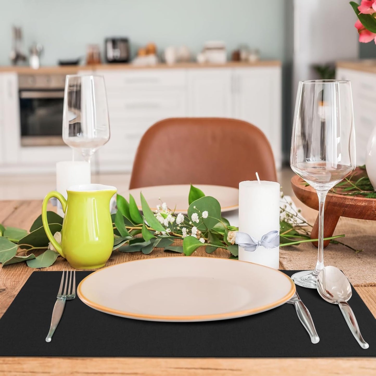 MANSPHIL Black Cloth Placemats Set of 6, Double Layer Faux Linen Place Mats Heat Resistant Washable Table Mats for Dining Kitchen, 13x19 Inch