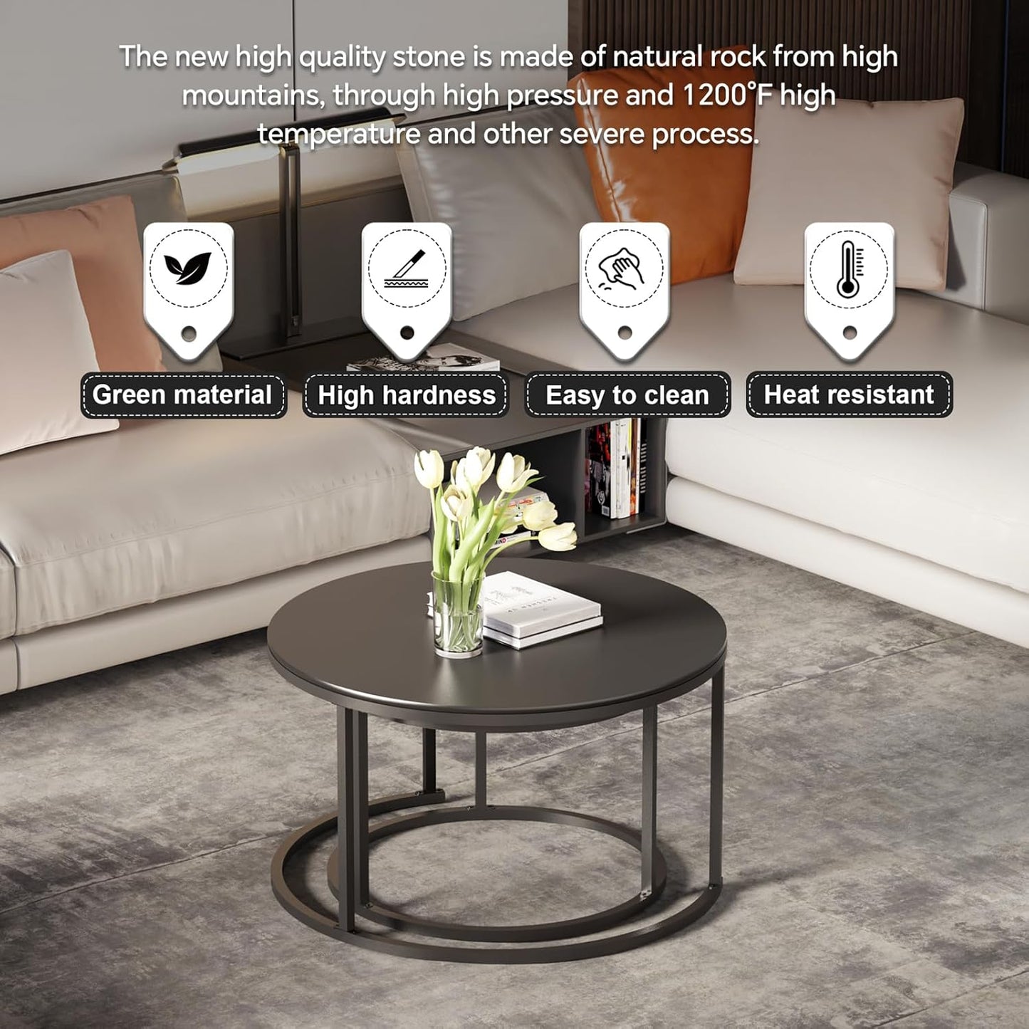 Round Nesting Black Coffee Table (Set of 2), Sintered Stone Top & Sturdy Metal Base for Living Rooms and Tight Spaces