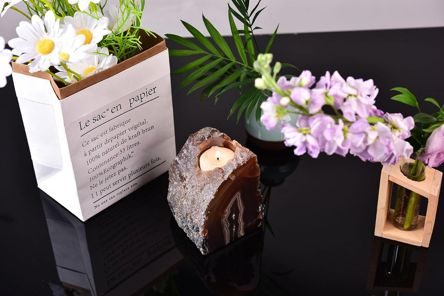 AMOYSTONE Agate Candle Holder Multi-Functional Décor 1-1.5lb Pillar Candles & Makeup Brush Storage | Irregular Half-Cut Design | Meditation Desk Accent | Spiritual Starter Gift