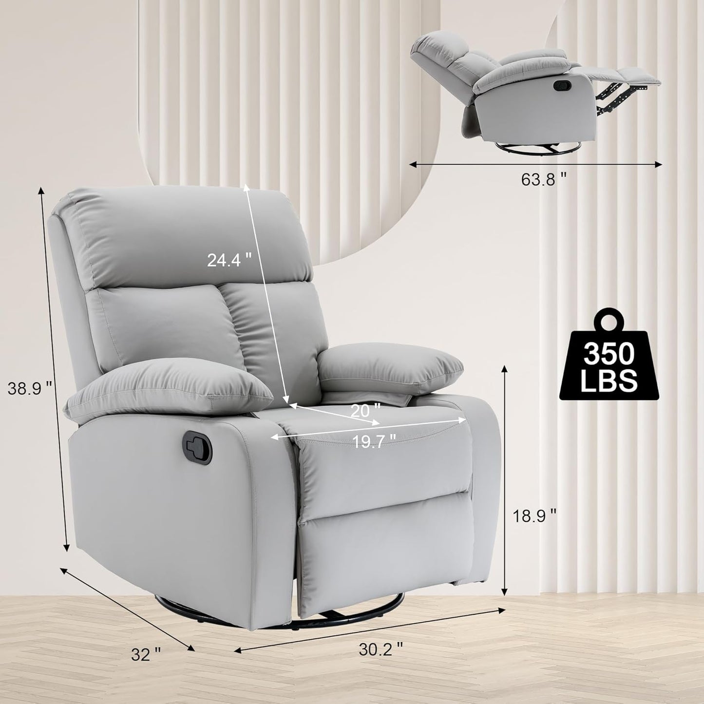 Swivel Rocker Recliner, Rocking Recliner Chair, Small Rocker Recliners for Small Spaces, Living Room, Bedroom, Nursery, RV, Light Grey