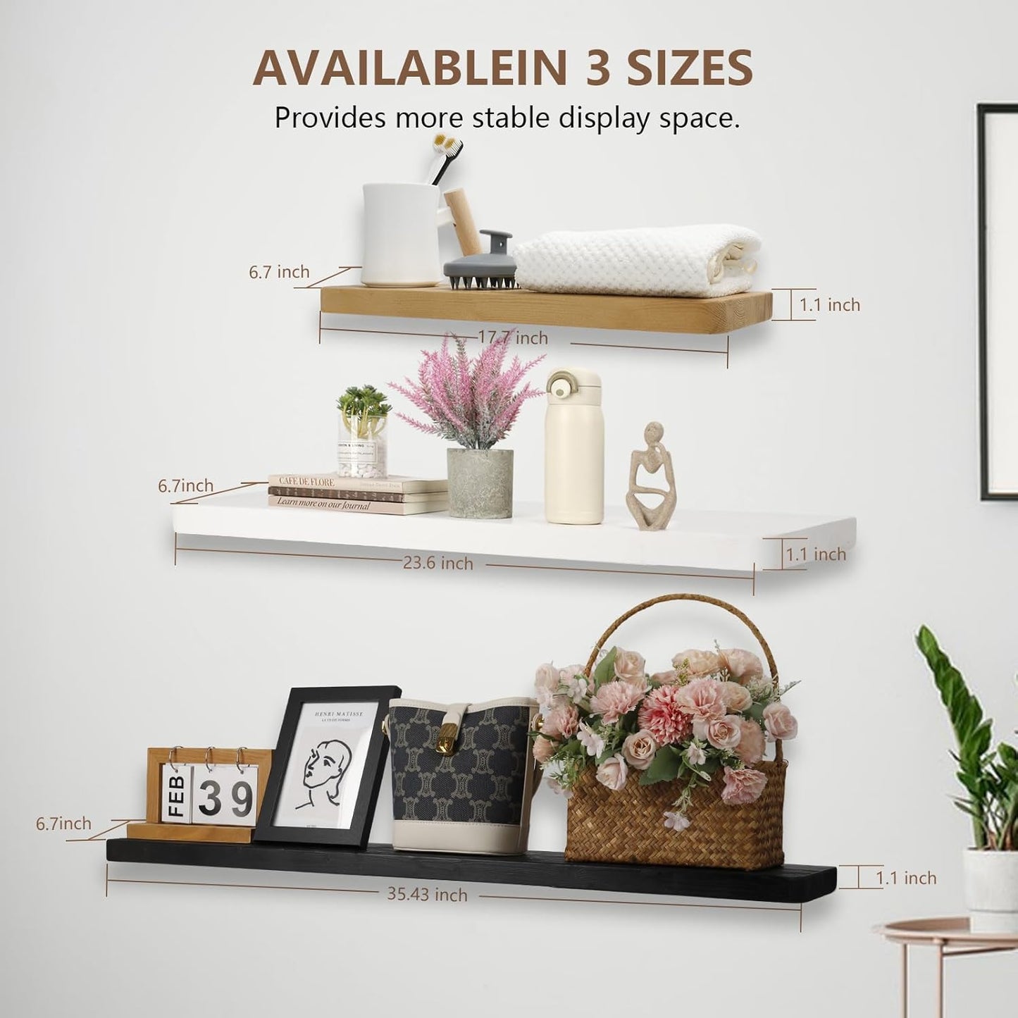 Solid Wood Floating Shelves Set of 2 - Natural, Warp & Crack Resistant 23.62 Inch Wall Shelf with Invisible Brackets Thicker, More Durable for Bathroom, Bedroom, Kitchen, Living Room (Wood, 23.62)