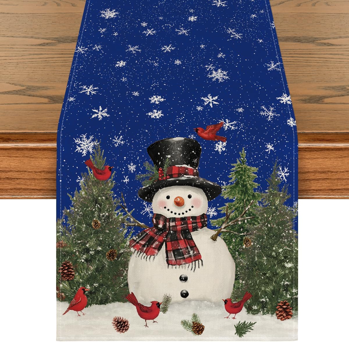 Artoid Mode Snowman Birds Trees Christmas Table Runner, Seasonal Blue Winter Holiday Kitchen Dining Table Decoration for Indoor Outdoor Home Party Decor 13 x 108 Inch