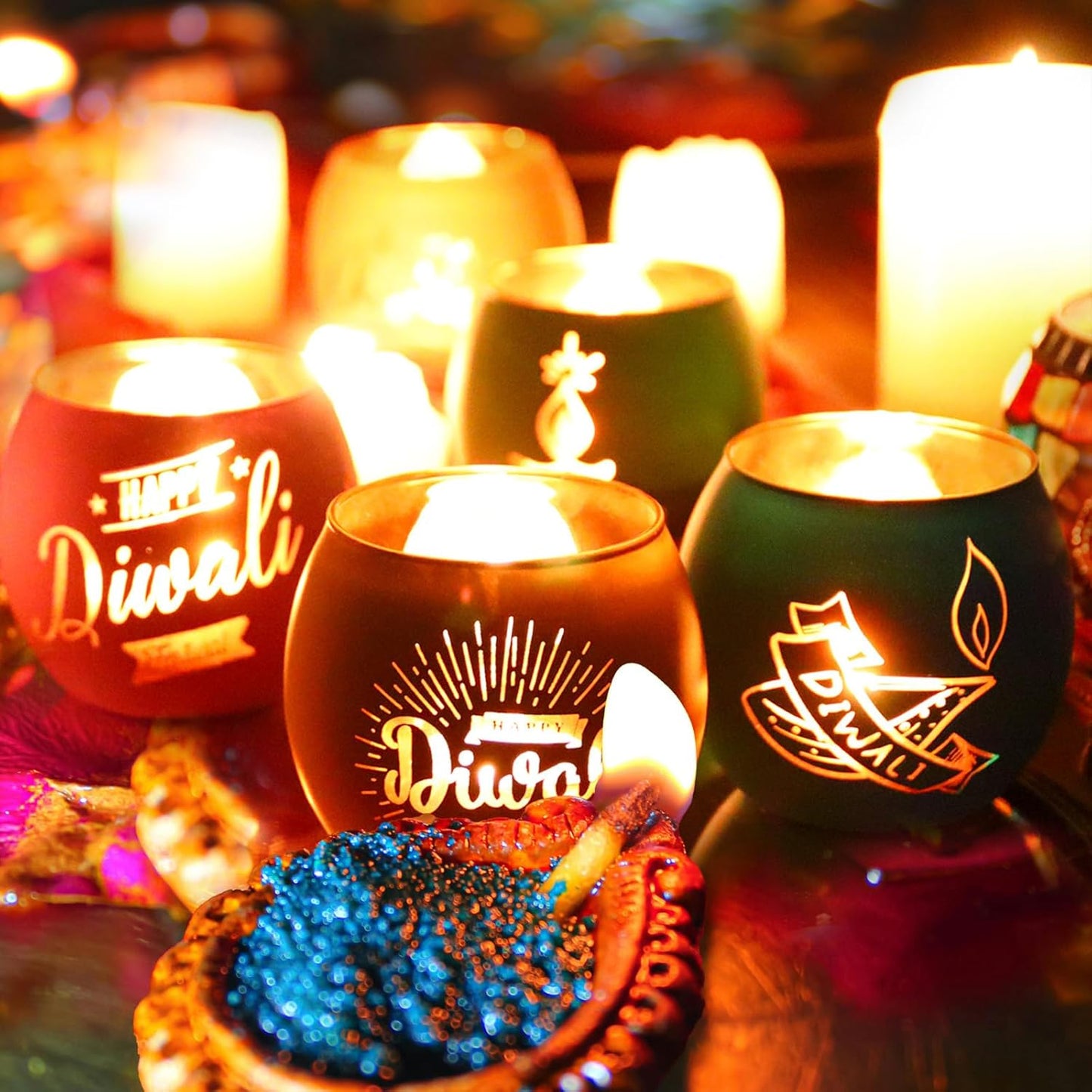 SHMILMH Diwali Gifts 6 PCS Happy Diwali Decorations for Home, Colorful Glass Tealight Votive Candle Holder for Party, Table Centerpiece Deco