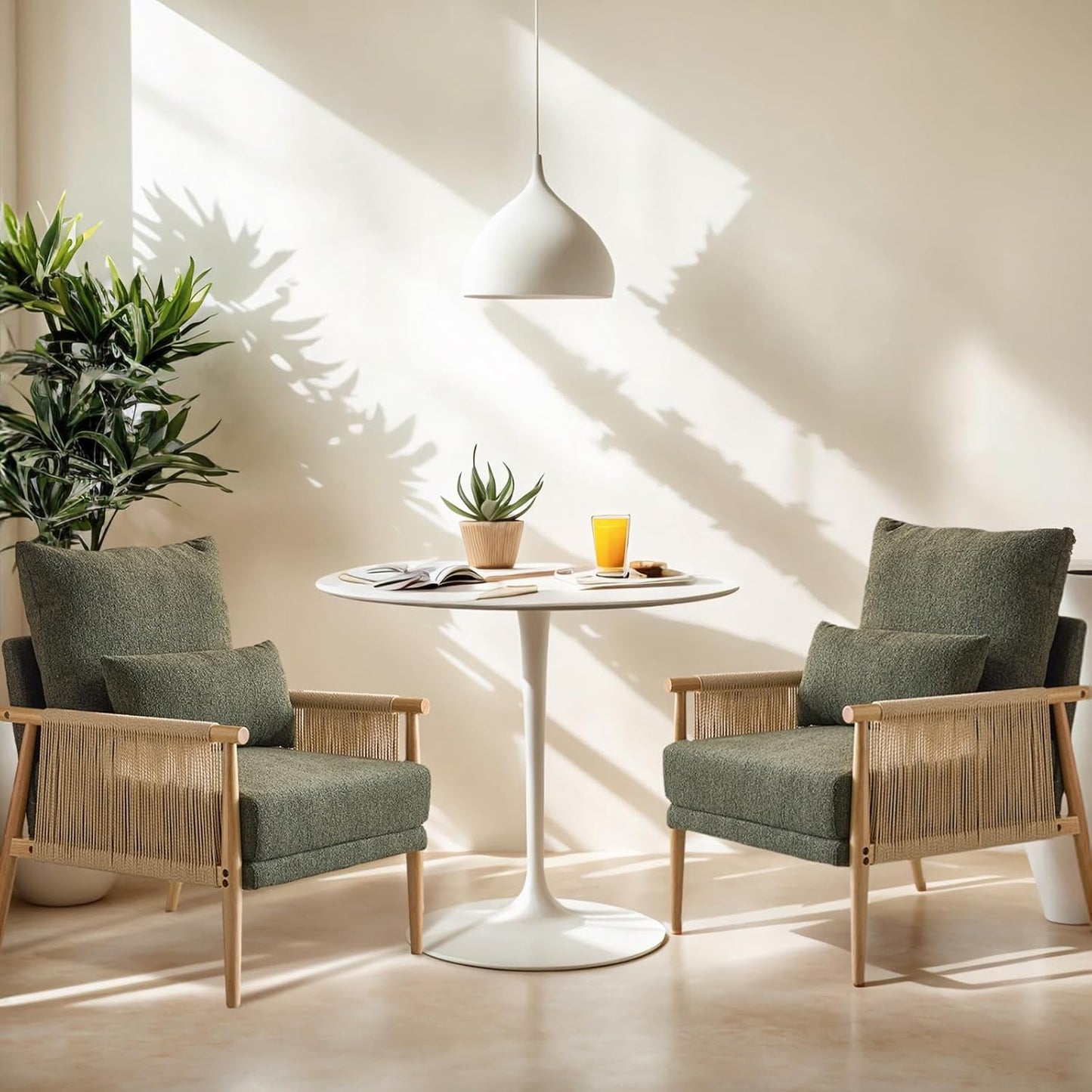 VINGLI Boho Braid Accent Armchairs Set of 2,Mid-Century Modern Chiars with Solid Wooden Armrest,Comfy Louge Cushion Chairs with Waist Pillow for Bedroom,Living Room,Reading Room, Dark Green