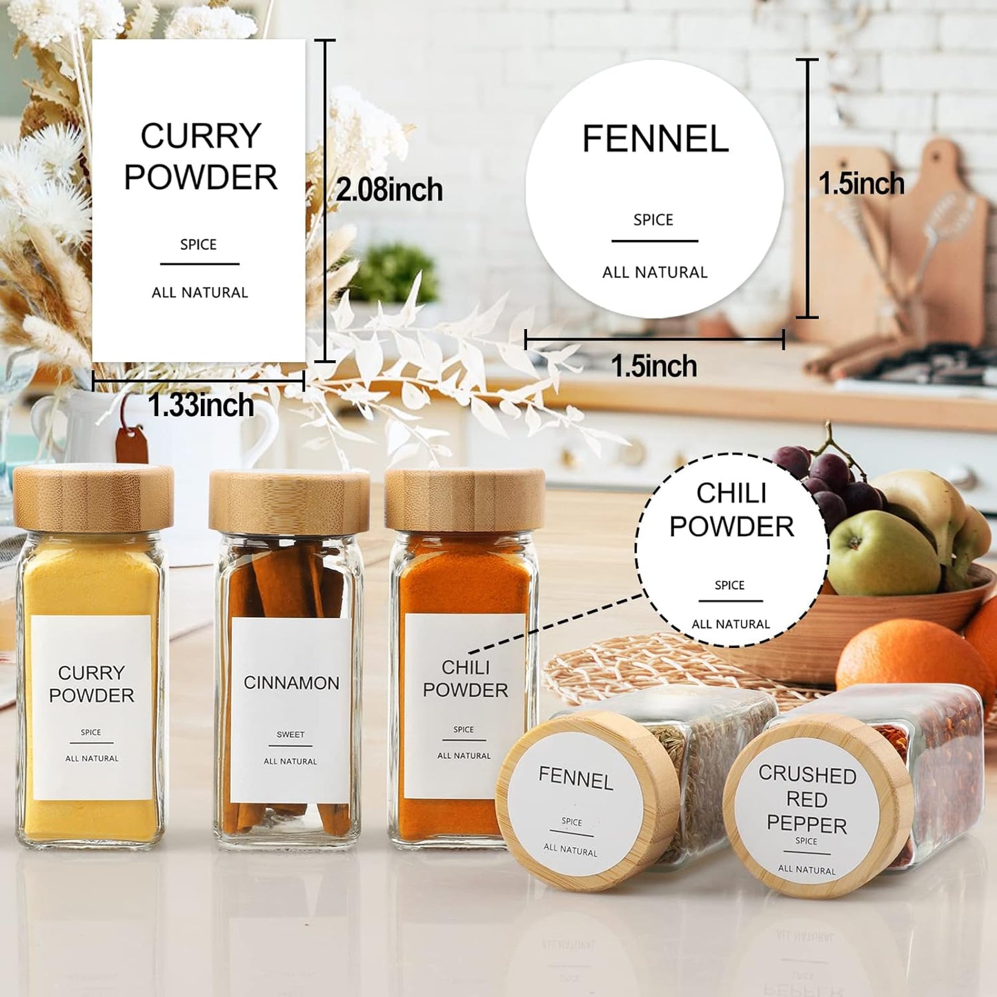 AISIPRIN Glass Spice Jars with 398 Labels, 24 pcs 4oz Spice Containers with Bamboo Lids, Square Spice Bottles With Shaker Lids,Spice Organization for Cabinet,Drawer,Rack,Seasoning Organizer