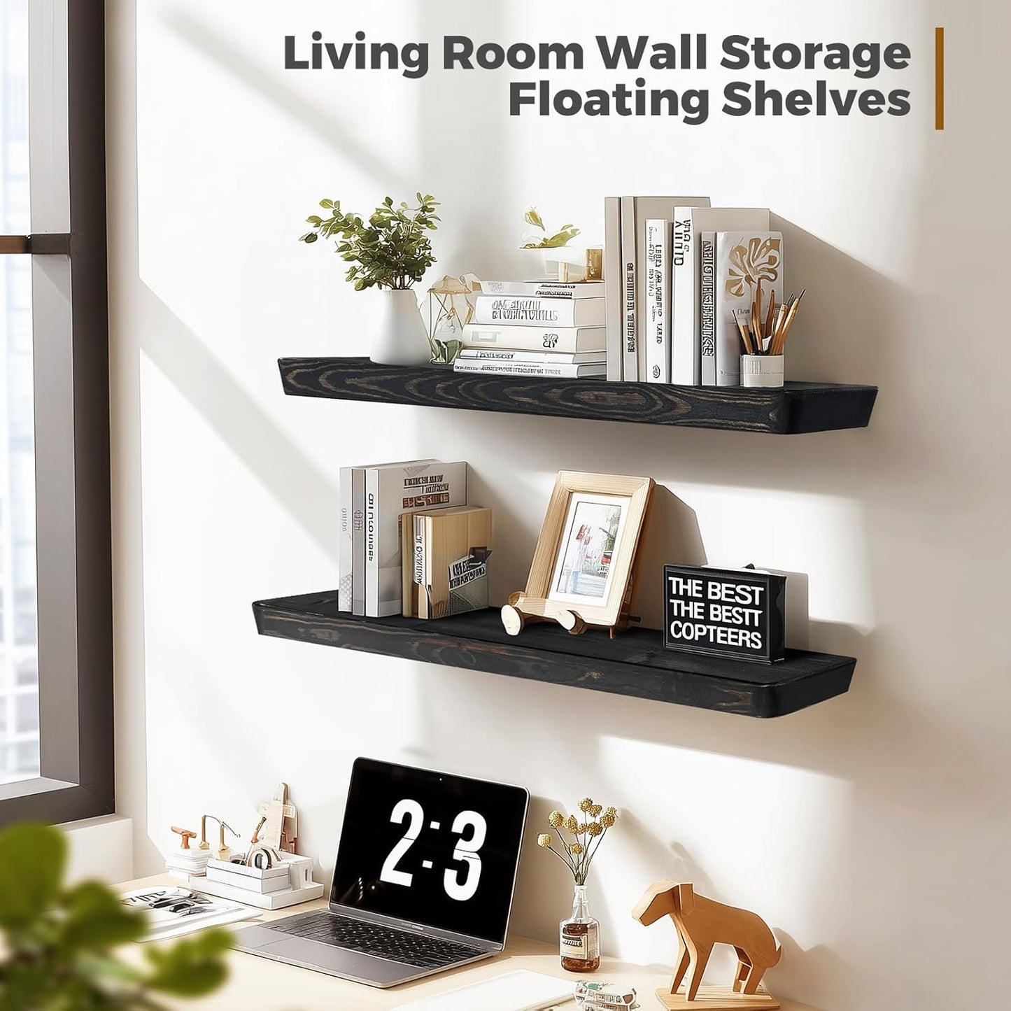 36"x6.8"x1.6" Slanted Floating Wall Shelves 2-Pack - Rustic Black Finish, Heavy-Duty Solid Wood Design with Hidden Brackets - Perfect for Living Room, Kitchen, Bathroom, or Office