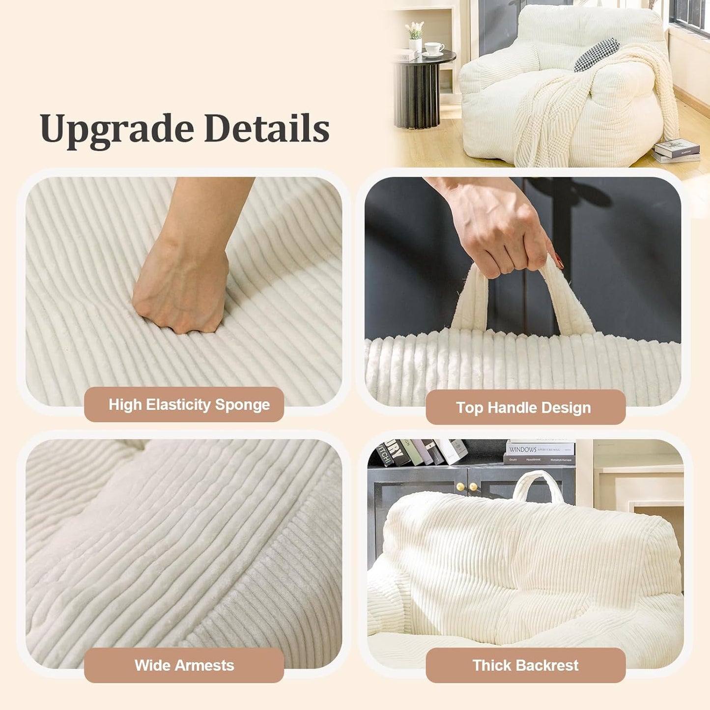 Bean Bag Chair for Adults - Faux Fur, Fluffy and Comfy with Filler, Big Sofa for Reading, Gaming (Beige, Oversize)