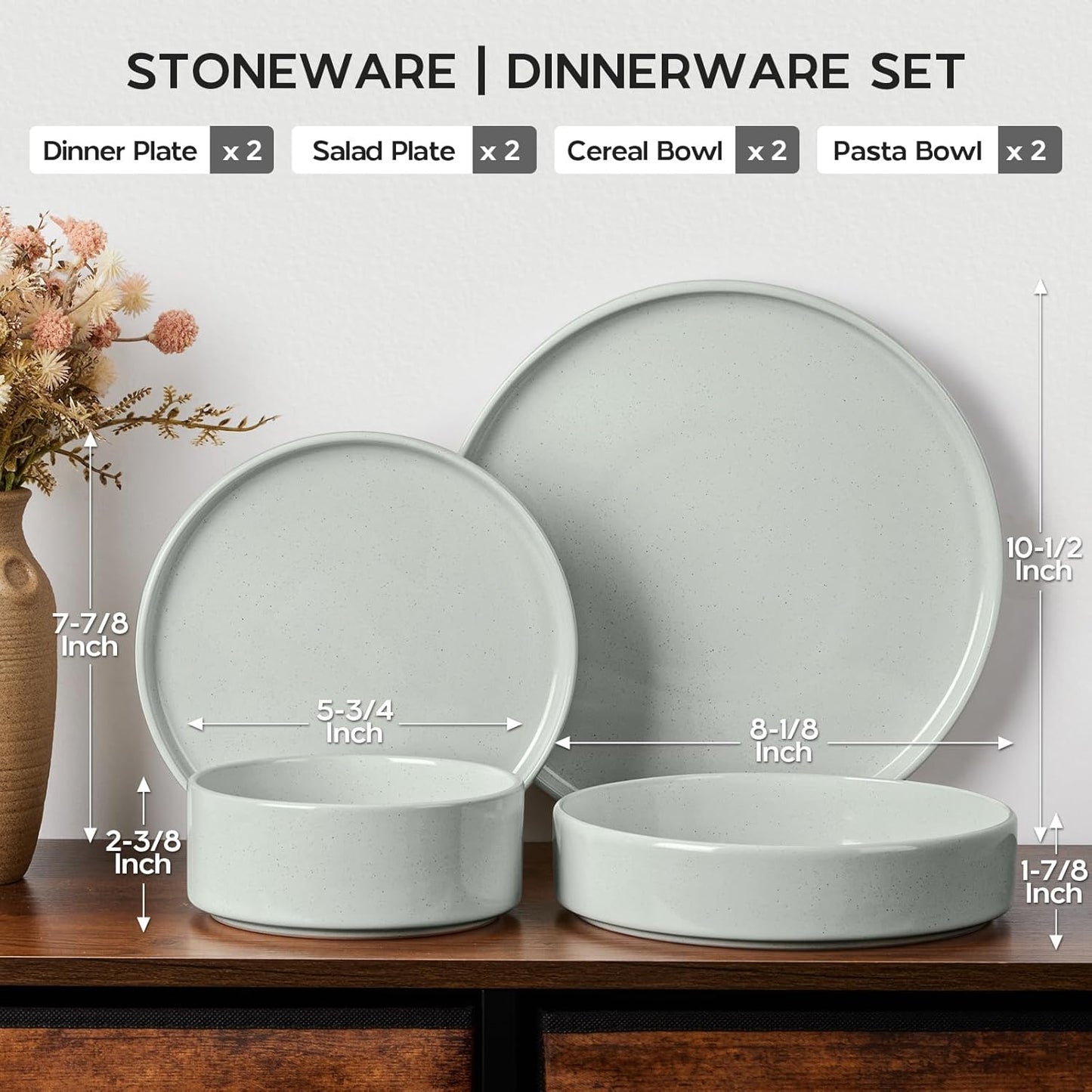 Onader Stoneware Dinnerware Sets, 8 Piece Plates and Bowls Dishes Sets for 2, Speckled Kitchen Dishware Dining Ware with Double Bowl – Pale Sage Green
