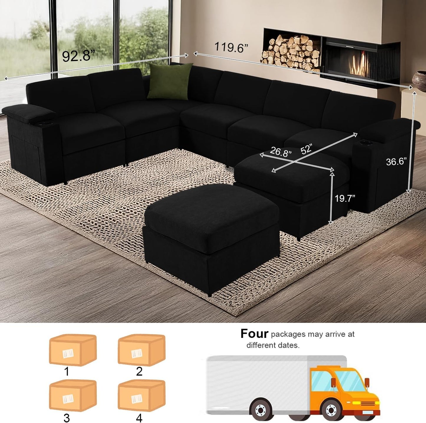 Modular Sectional Sofa Couch for Living Room Velvet Cloud Couches Oversized U Shaped Sectional Couch Convertible Sleeper Sofa Chaise Padded Armrests Cup Holder (Black, 8 Seats)