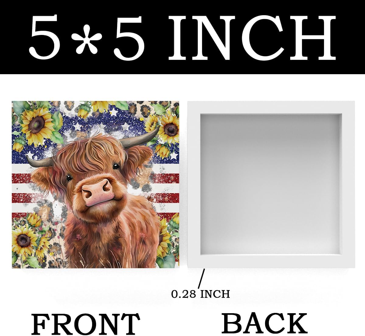Cute Highland Cow Patriotic Baby Decor, Highland Cow Sunflower Decor, Wooden Box Decor Sign for Home Farmhouse Office Living Room Table Shelf
