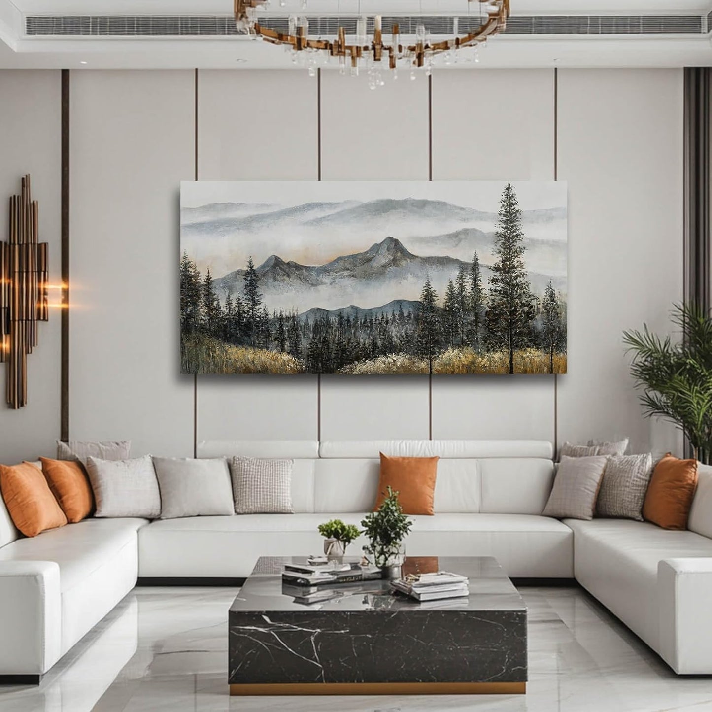 Foggy forest Wall Decor,Framed Canvas Wall Art, Large Artwork Green Mountain Pictures Boho Pine Tree Wall Painting Mountains Landscape Art for Home Living Room Office 29"x58"