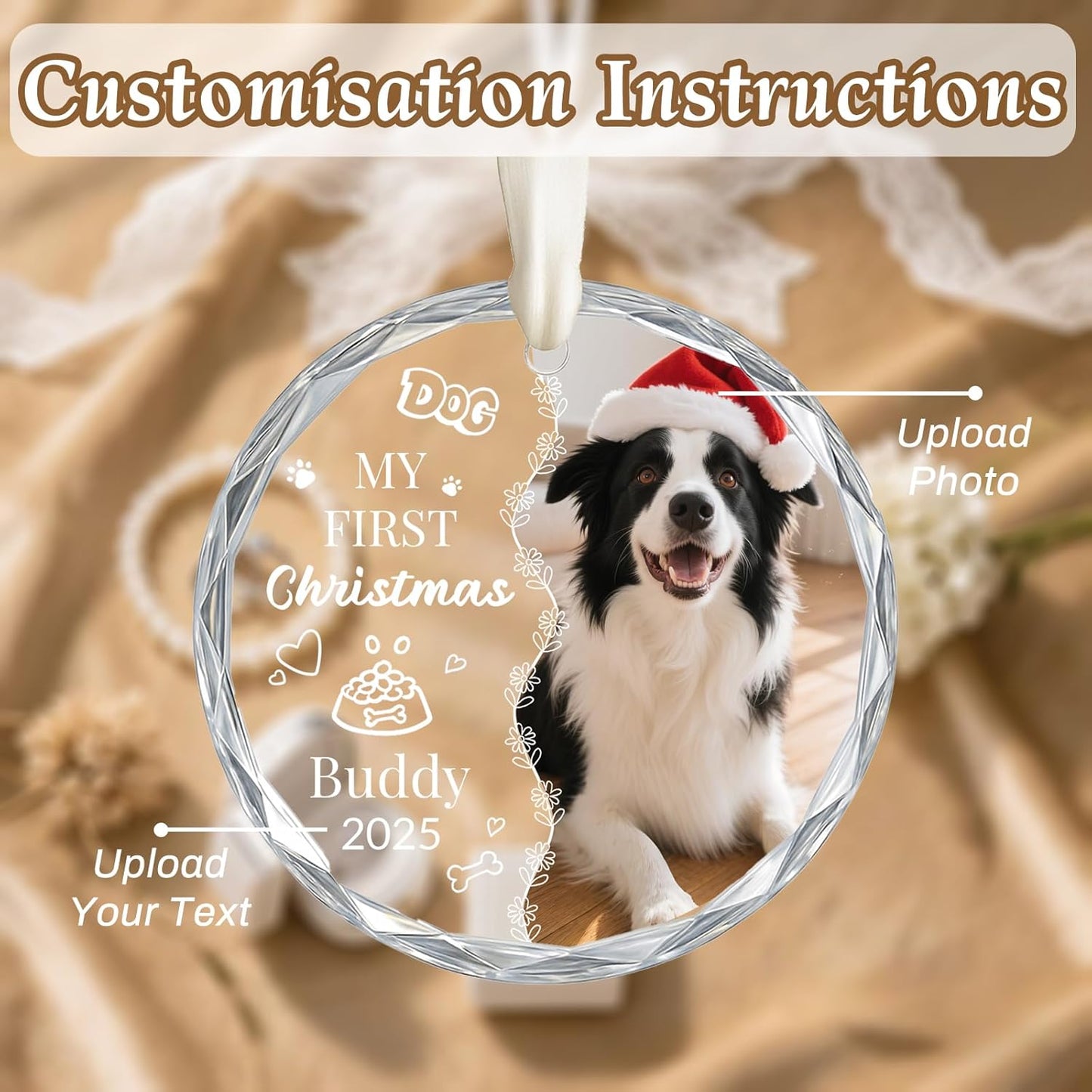 Personalized Dog Christmas Ornaments 2025, Custom Christmas Photo Crystal Glass Ornaments with Name or Date, Personalized Christmas Tree Decor Gifts for Family, Friends,Pet or Newlyweds