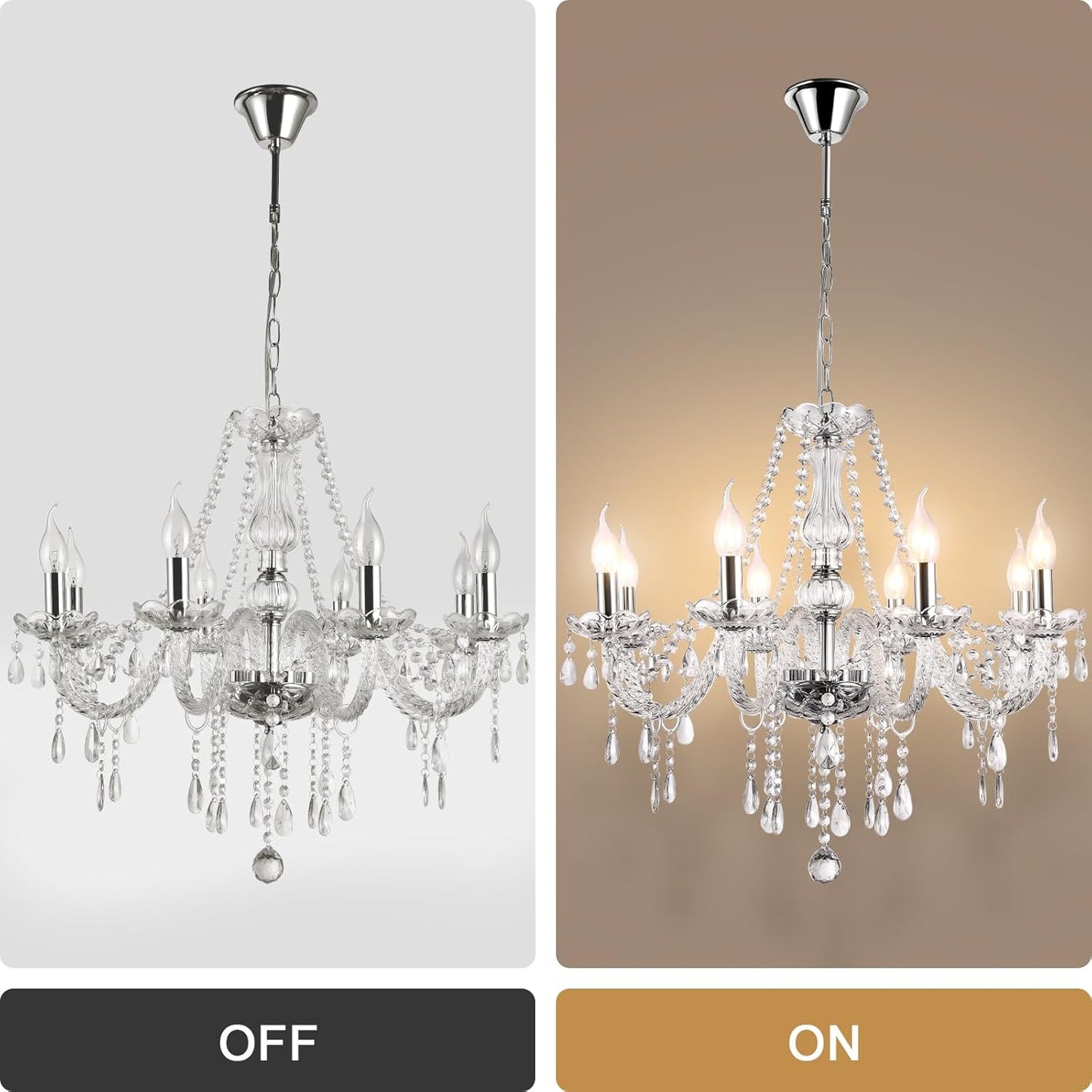 Modern Elegant 10 Lights K9 Crystal Glass Chandelier Silver Pendant Ceiling Lighting European Style for Dining Living Room Bedroom Transparent, 10 E12 Bulbs Required