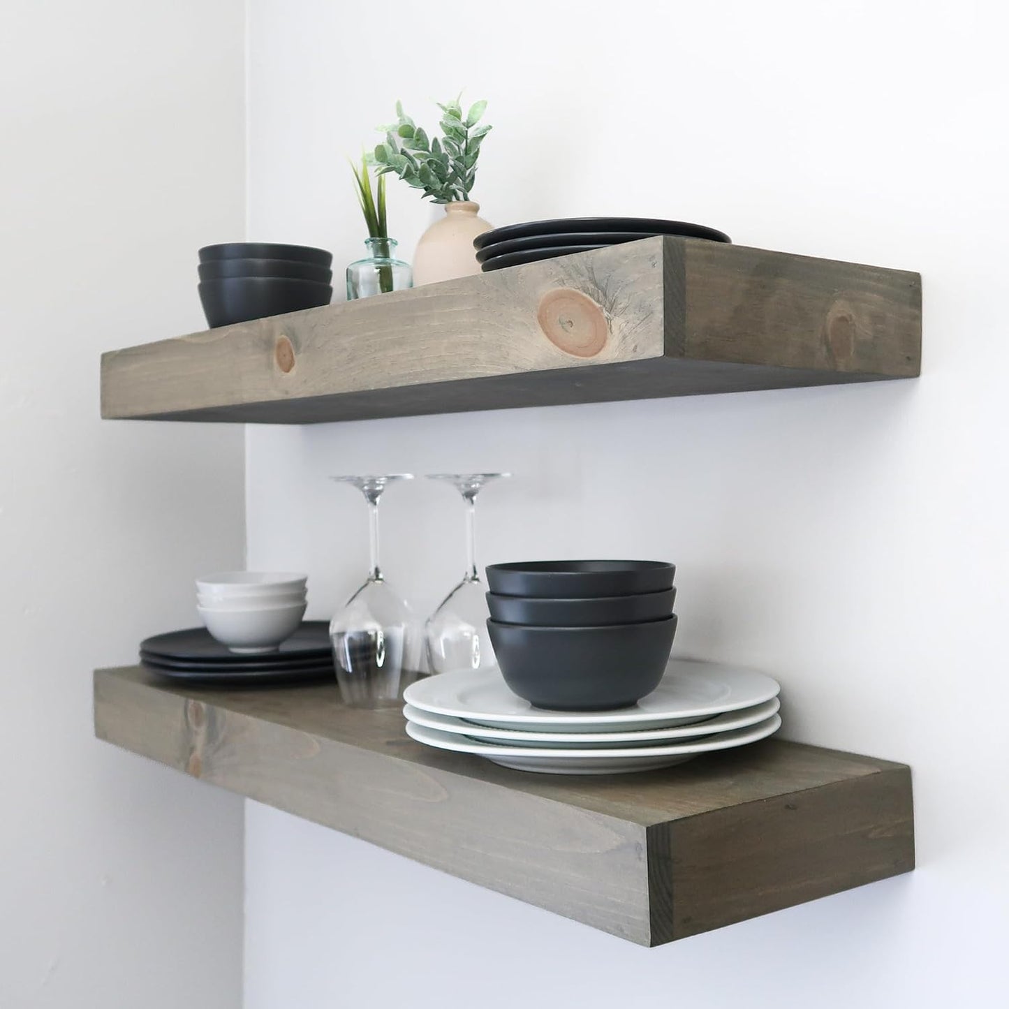 Modern Floating Shelves 3 Inches Thick for Wall, Wide Shelves for Kitchen, Living Room, Bedroom, and Bathroom, Natural Pine Wood, Rustic Wooden Shelf, (Set of 2) (Aged Barrel, 24Lx3Hx6D)