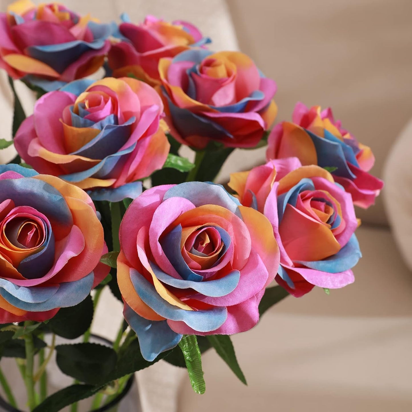 Rainbow Fake Roses Artificial Flowers - 10 Pcs Fake Artificial Roses Silk Flowers with Stems for Home Wedding Hotel Office Centerpiece Decor（Rainbow）